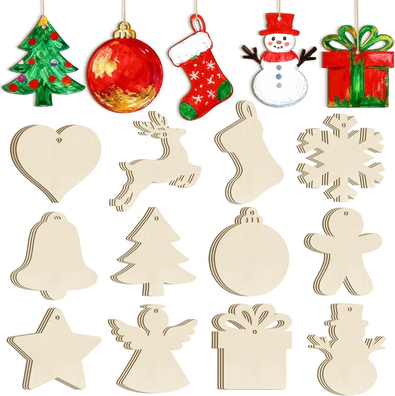 Sophena 36PCS Wooden Christmas Ornaments to Paint, 12 Styles DIY Blank Unfinished Wood Reindeer Santa Claus Christmas Tree Ball Snowman Snowflake Angel Cutouts Ornament for Crafts Winter Hanging Decorations - Image 1